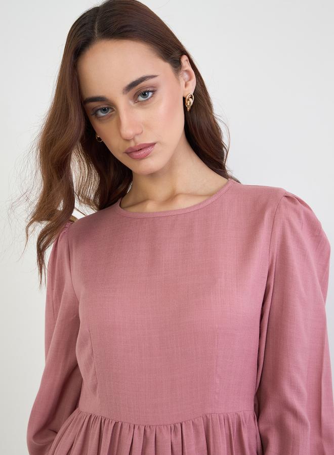 ستايلي فستان طويل سادة بحافة واسعة وأكمام منفوخة - Image 3