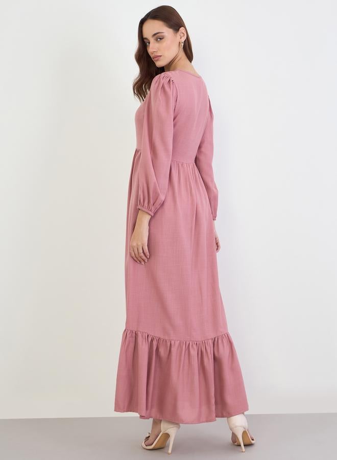 ستايلي فستان طويل سادة بحافة واسعة وأكمام منفوخة - Image 4