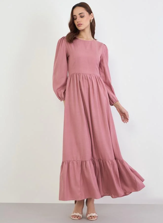 Styli Solid Balloon Sleeves A-Line Maxi Dress