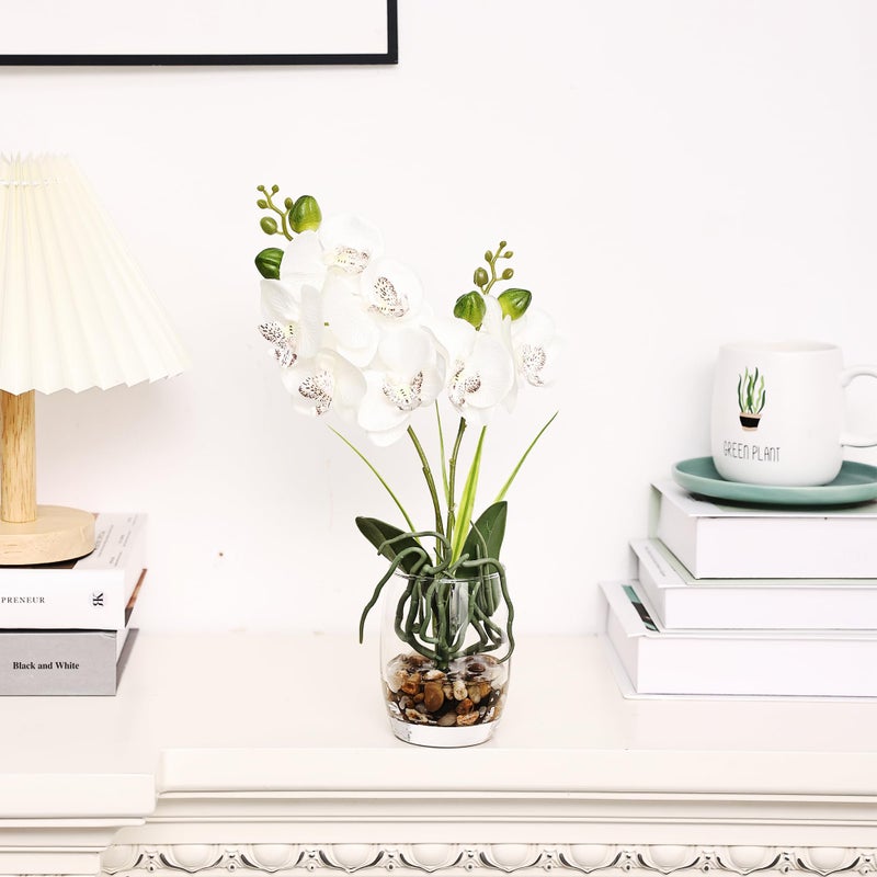 Jusdreen 1 Pcs Glass Vase Artificial Orchid Flower Bonsai Vivid Phalaenopsis Flowers Potting for Home Office D?cor Table Centerpiece Room Decorations 14.5 INCH (Glass Vase/White Orchid) - Image 3