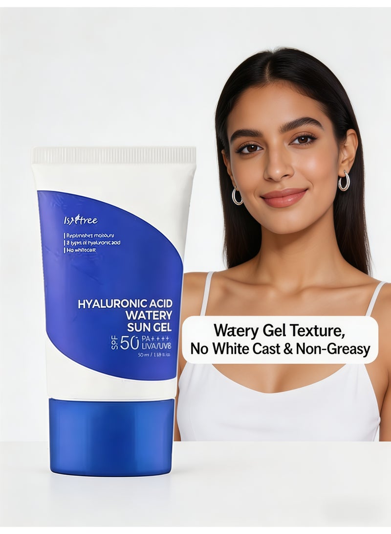 إيلهو جل واقي من الشمس بمادة حمض الهيالورونيك 50 مل، يحتوي على مركبات كيميائية SPF50+ PA++++ لحماية البشرة من أشعة UV، يتمازج بشكل مثالي مع البشرة تحت الماكياج أيضًا. - Image 1