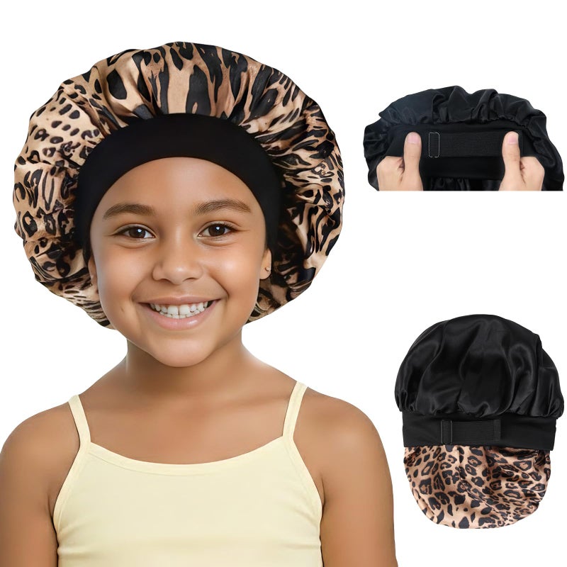 XRACEPHOL Kids Bonnets for Girls Double Layer Baby Satin Bonnet Adjustable Toddler Bonnet for Sleeping Sleep Caps with Elastic Bandï¼ˆBlack and Lepardï¼‰ - Image 1