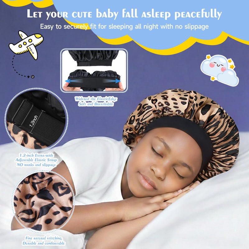 XRACEPHOL Kids Bonnets for Girls Double Layer Baby Satin Bonnet Adjustable Toddler Bonnet for Sleeping Sleep Caps with Elastic Bandï¼ˆBlack and Lepardï¼‰ - Image 5