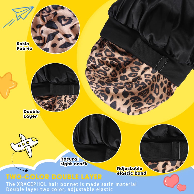 XRACEPHOL Kids Bonnets for Girls Double Layer Baby Satin Bonnet Adjustable Toddler Bonnet for Sleeping Sleep Caps with Elastic Bandï¼ˆBlack and Lepardï¼‰ - Image 3