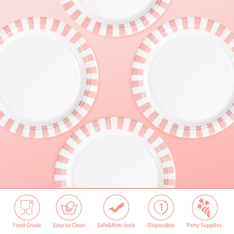 Grencian 50Pcs Pink Striped Paper Plates 9" Heavy Duty Disposable Pink White Stripe Paper Platters Pastel Striped Carnival Dessert Plates for Birthday Bridal Baby Shower Wedding Lunch Dinner Party Decorations - Image 2