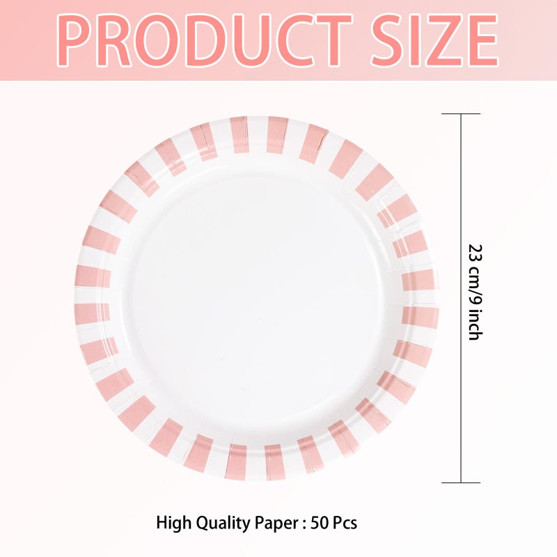 Grencian 50Pcs Pink Striped Paper Plates 9" Heavy Duty Disposable Pink White Stripe Paper Platters Pastel Striped Carnival Dessert Plates for Birthday Bridal Baby Shower Wedding Lunch Dinner Party Decorations - Image 3