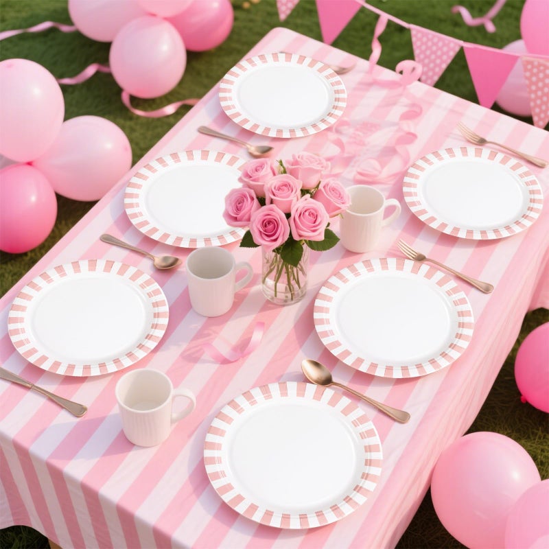 Grencian 50Pcs Pink Striped Paper Plates 9" Heavy Duty Disposable Pink White Stripe Paper Platters Pastel Striped Carnival Dessert Plates for Birthday Bridal Baby Shower Wedding Lunch Dinner Party Decorations - Image 5