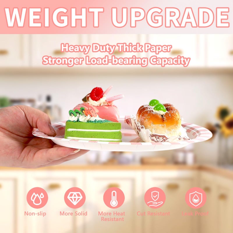 Grencian 50Pcs Pink Striped Paper Plates 9" Heavy Duty Disposable Pink White Stripe Paper Platters Pastel Striped Carnival Dessert Plates for Birthday Bridal Baby Shower Wedding Lunch Dinner Party Decorations - Image 4