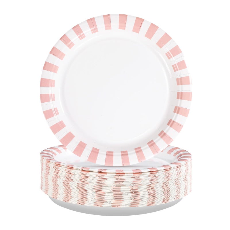 Grencian 50Pcs Pink Striped Paper Plates 9" Heavy Duty Disposable Pink White Stripe Paper Platters Pastel Striped Carnival Dessert Plates for Birthday Bridal Baby Shower Wedding Lunch Dinner Party Decorations - Image 1