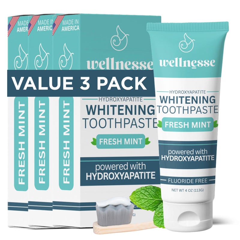 Wellnesse Whitening Hydroxyapatite Toothpaste with Xylitol Natural FluorideFree Teeth Whitening Toothpaste for Adults Strengthens Enamel Supports Gum Health Fresh Mint Flavor 4 oz Pack of 3