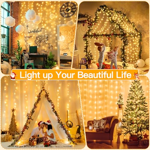 Ollny Christmas Curtain Lights 300 LED 9.8 FTx9.8 FT, Outdoor Waterproof Curtain String Lights with Remote Timer 8 Modes, USB Waterfall Window Lights for Wall Backdrop Home Decorations (Warm White) - Image 3