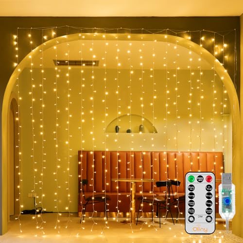 Ollny Christmas Curtain Lights 300 LED 9.8 FTx9.8 FT, Outdoor Waterproof Curtain String Lights with Remote Timer 8 Modes, USB Waterfall Window Lights for Wall Backdrop Home Decorations (Warm White) - Image 1