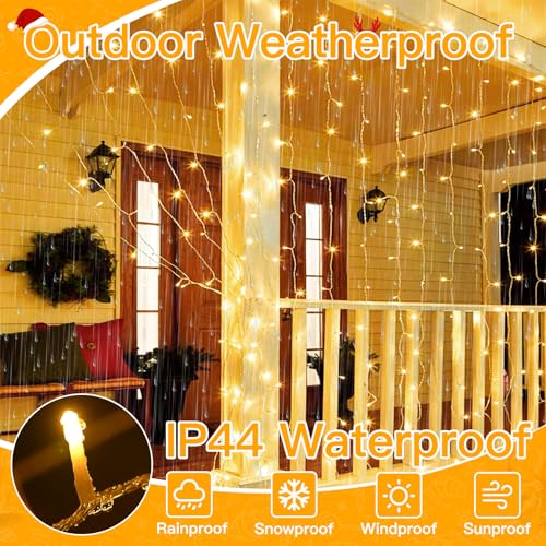 Ollny Christmas Curtain Lights 300 LED 9.8 FTx9.8 FT, Outdoor Waterproof Curtain String Lights with Remote Timer 8 Modes, USB Waterfall Window Lights for Wall Backdrop Home Decorations (Warm White) - Image 4