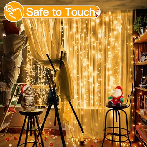 Ollny Christmas Curtain Lights 300 LED 9.8 FTx9.8 FT, Outdoor Waterproof Curtain String Lights with Remote Timer 8 Modes, USB Waterfall Window Lights for Wall Backdrop Home Decorations (Warm White) - Image 5
