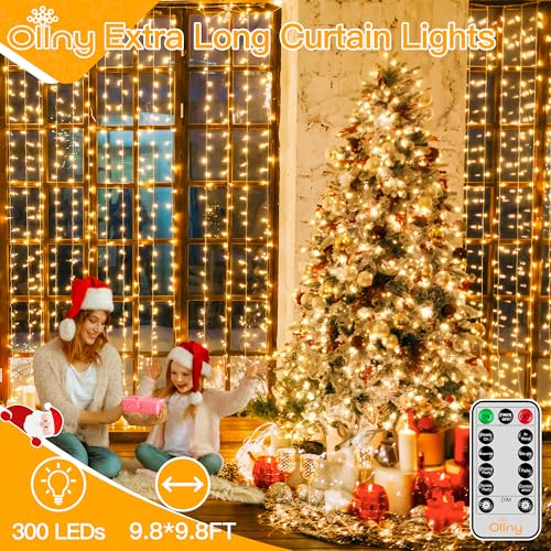 Ollny Christmas Curtain Lights 300 LED 9.8 FTx9.8 FT, Outdoor Waterproof Curtain String Lights with Remote Timer 8 Modes, USB Waterfall Window Lights for Wall Backdrop Home Decorations (Warm White) - Image 2
