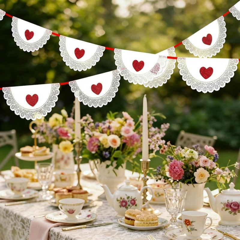 Tenceur 10 ft Vintage Valentine Wonderland Party Garland Valentines Banner Red Heart Garland Red Glitter Heart for Wedding Anniversary Birthday Party Supplies - Image 1