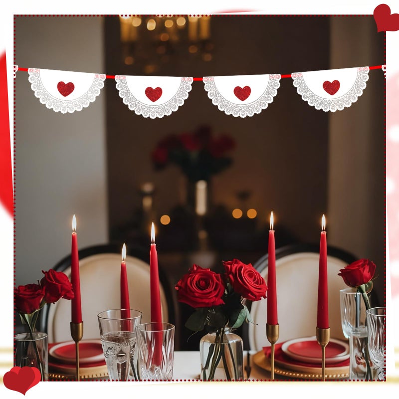 Tenceur 10 ft Vintage Valentine Wonderland Party Garland Valentines Banner Red Heart Garland Red Glitter Heart for Wedding Anniversary Birthday Party Supplies - Image 3