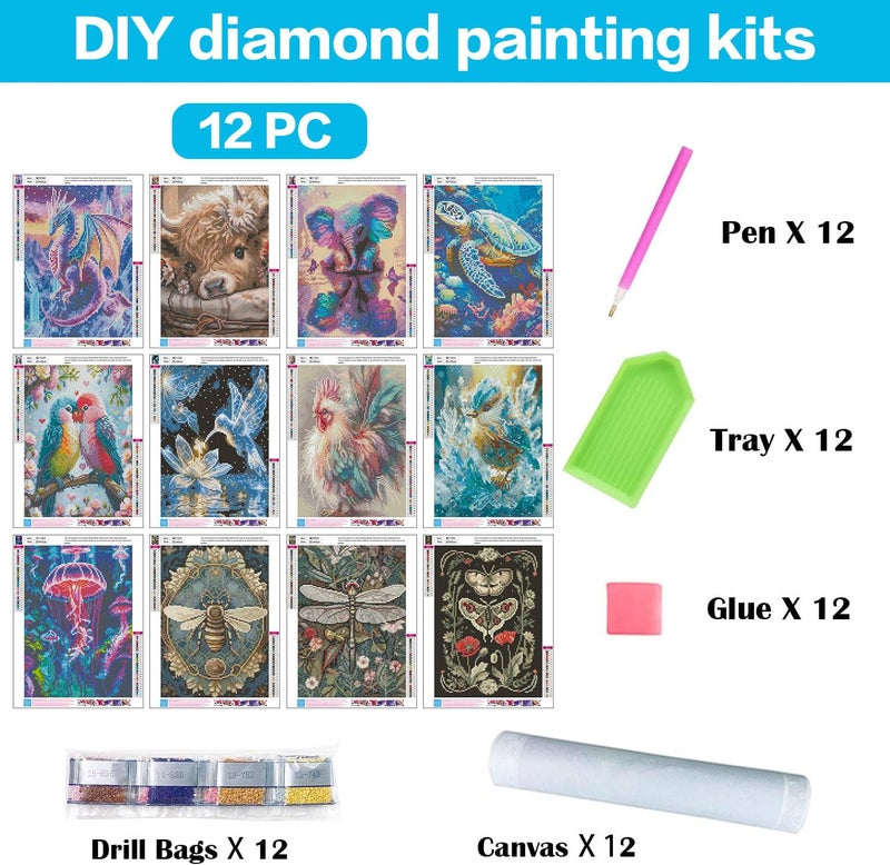 Meothan Multipack Diamond Art Kits for Adults, 12 Pack Animals Diamond Painting Kits for Adults, 5D DIY Round Dimond Gem Art Packs of 12, Home Decor Gift 12x16inch - Image 5