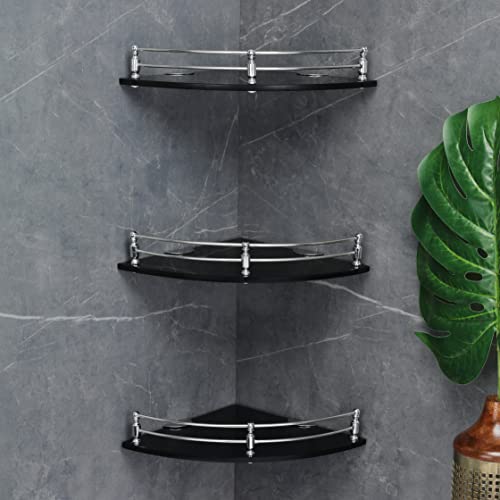 FORTUNE Glass Corner Shelf/Bathroom Shelf/Multipurpose Shelf/Living Room Corner Shelf/Wall Mount Bathroom Shelves (Black) (9 x 9 Inch) - (Pack of 3) - Image 2