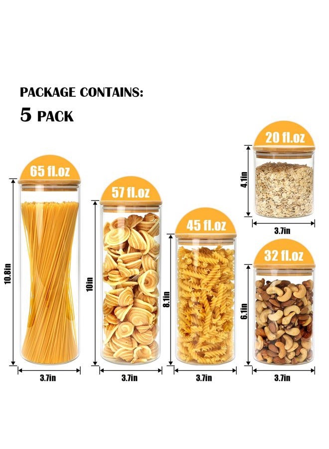 Flrolove Glass Food Storage Containers Set,Airtight Food Jars with Bamboo Wooden Lids - Set of 5 Kitchen Canisters For Sugar,Candy, Cookie, Rice and Spice Jars - Image 3