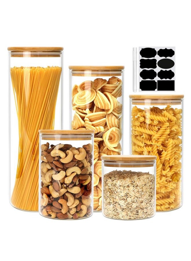 Flrolove Glass Food Storage Containers Set,Airtight Food Jars with Bamboo Wooden Lids - Set of 5 Kitchen Canisters For Sugar,Candy, Cookie, Rice and Spice Jars - Image 1