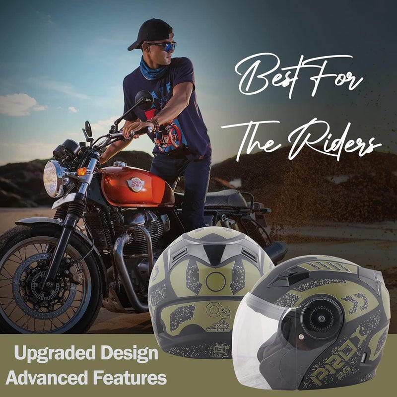 O2+ Prox 2G Half Face Helmet with Scratch Resistant Clear Visor, Cross Ventilation & Matte Finish Graphics for Men’s Bike Motorcycle Scooty Riding (Mehandi) - Image 3