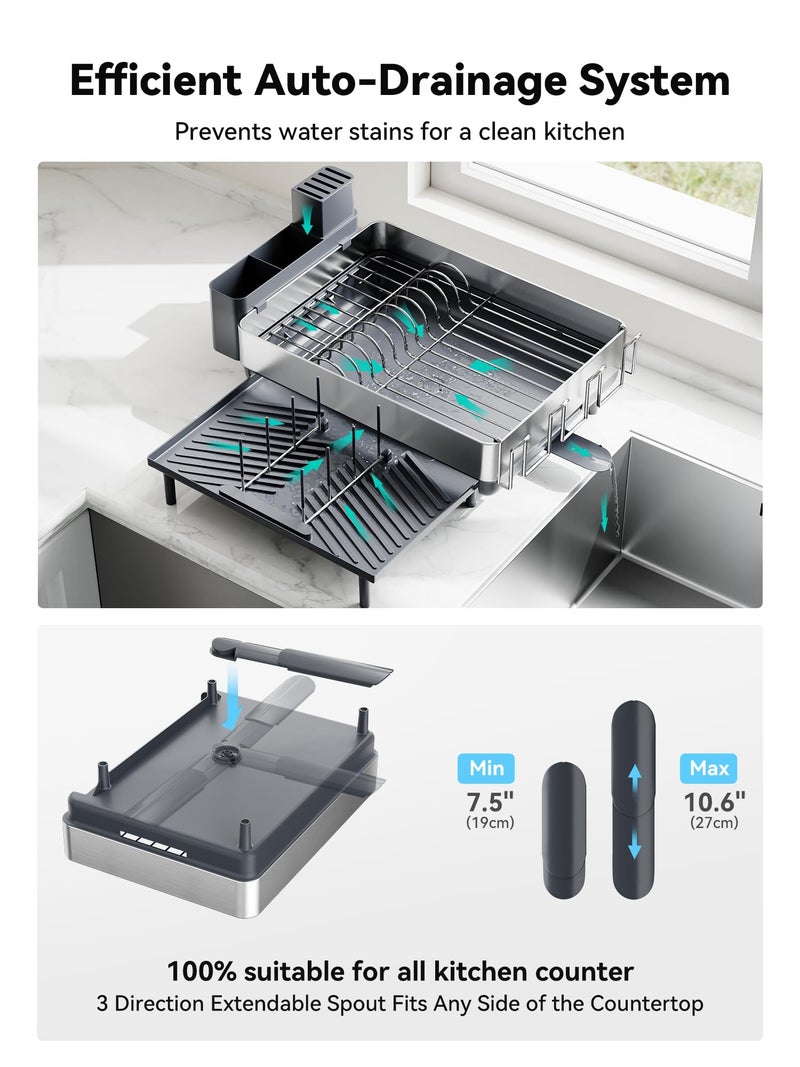 SUNLY Large Dish Drying Rack, Expandable Dish Racks for Kitchen Counter, Space Saving 304 Stainless Steel Drying Rack Kitchen, Extra Large Drainer with Multifunctional Flip Up Pegs, Gray - Image 5