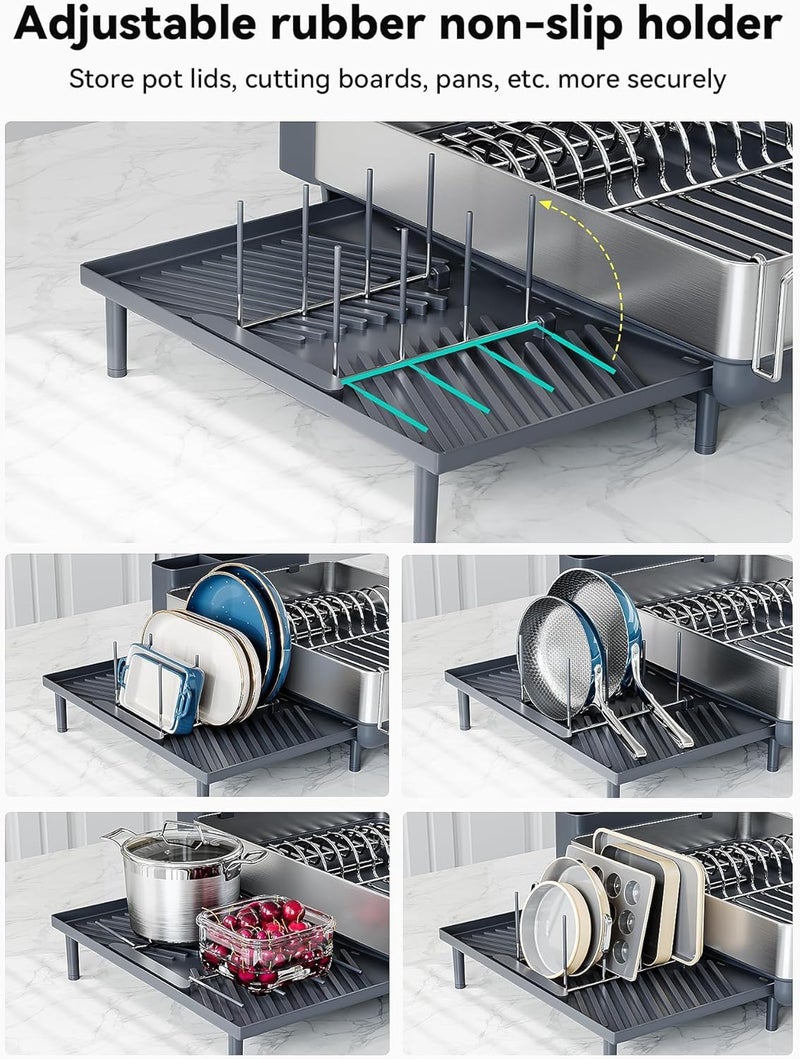 SUNLY Large Dish Drying Rack, Expandable Dish Racks for Kitchen Counter, Space Saving 304 Stainless Steel Drying Rack Kitchen, Extra Large Drainer with Multifunctional Flip Up Pegs, Gray - Image 3