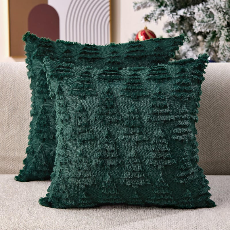 Allorry Christmas Pillow Covers 18 x 18 Set of 2 Xmas Decorations Dark Green Christmas Tree Pillow Cases Plush Faux Fur Soft Cushion Case for Winter Xmas Holiday Home Bedroom Sofa Decors SY003A18 - Image 2