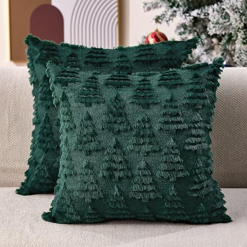 Allorry Christmas Pillow Covers 18 x 18 Set of 2 Xmas Decorations Dark Green Christmas Tree Pillow Cases Plush Faux Fur Soft Cushion Case for Winter Xmas Holiday Home Bedroom Sofa Decors SY003A18 - Image 1