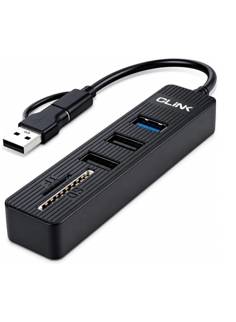 جلينك موزع منافذ GLINK USB 3.0 و Type-C مع منفذ USB 3.0 ومنفذين USB 2.0 وقارئ بطاقات SD/TF - أسود - Image 1