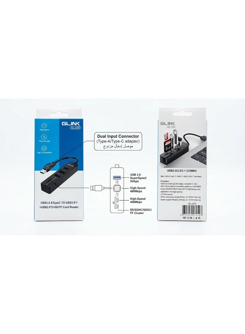 جلينك موزع منافذ GLINK USB 3.0 و Type-C مع منفذ USB 3.0 ومنفذين USB 2.0 وقارئ بطاقات SD/TF - أسود - Image 2