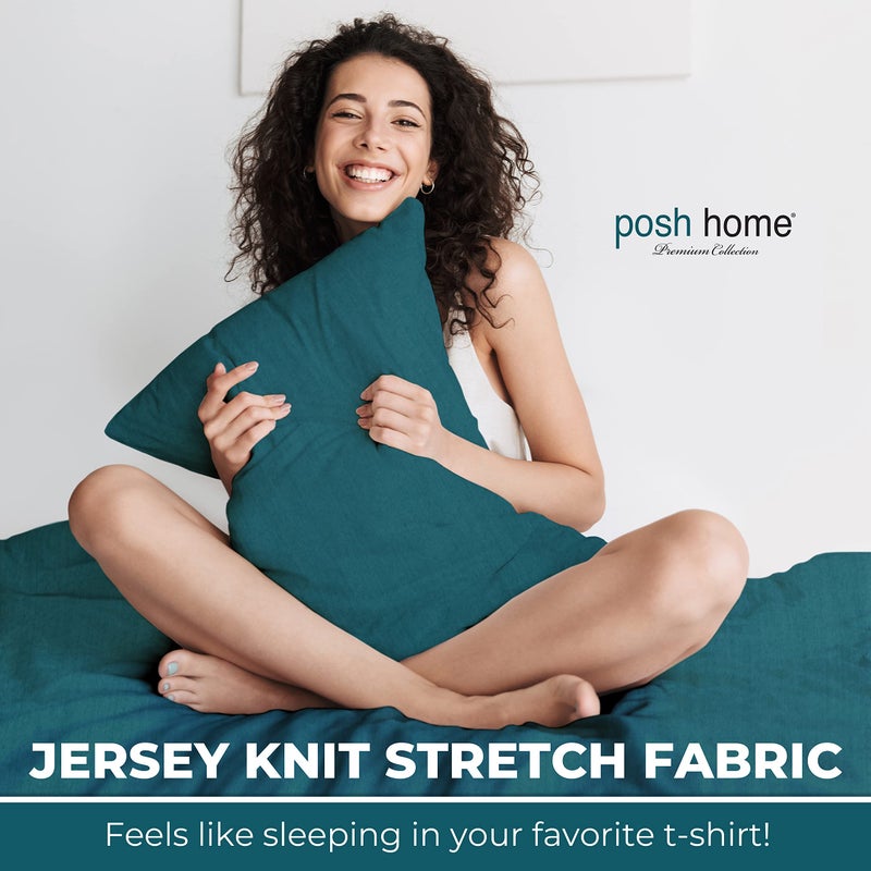 Posh Home Posh Home Jersey Knit Sheet Set - 4-Piece Jersey Bed Sheets - T-Shirt Breathable & Soft Cotton Jersey Sheets - Includes Flat Sheet  Jersey Fitted Sheet  & 2 Pillowcases - Queen Jersey Sheets  Teal - Image 2