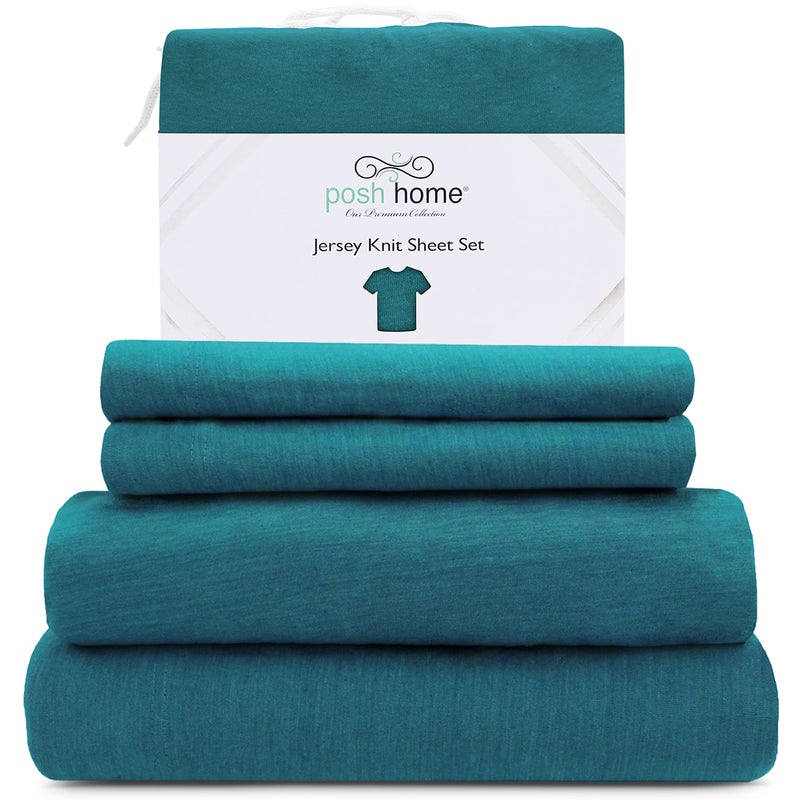 Posh Home Posh Home Jersey Knit Sheet Set - 4-Piece Jersey Bed Sheets - T-Shirt Breathable & Soft Cotton Jersey Sheets - Includes Flat Sheet  Jersey Fitted Sheet  & 2 Pillowcases - Queen Jersey Sheets  Teal - Image 1