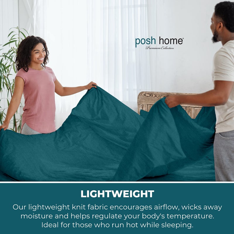 Posh Home Posh Home Jersey Knit Sheet Set - 4-Piece Jersey Bed Sheets - T-Shirt Breathable & Soft Cotton Jersey Sheets - Includes Flat Sheet  Jersey Fitted Sheet  & 2 Pillowcases - Queen Jersey Sheets  Teal - Image 4