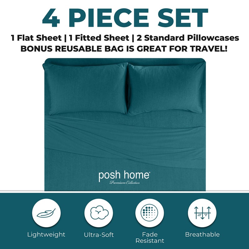 Posh Home Posh Home Jersey Knit Sheet Set - 4-Piece Jersey Bed Sheets - T-Shirt Breathable & Soft Cotton Jersey Sheets - Includes Flat Sheet  Jersey Fitted Sheet  & 2 Pillowcases - Queen Jersey Sheets  Teal - Image 3