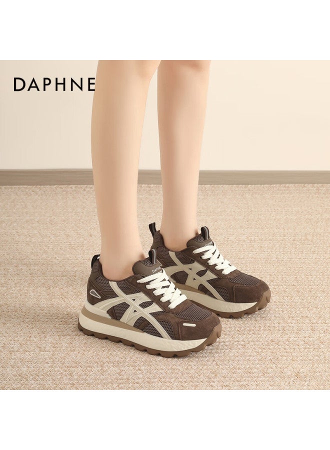 Daphne Dafuni Women's Thick-soled Sneakers With Hidden Heel Lift, Versatile Chunky Dad Shoes For Travel And Casual Wear, Trendy Brown, Size 34 - Image 1