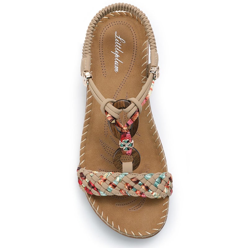 Littleplum Women Sandals Arch Support Handmade Bohemian Braided Flat Sandals Comfort Walking Beach Ankle Elastic Summer Shoes Multi Apricot Size 8.5 - Image 1