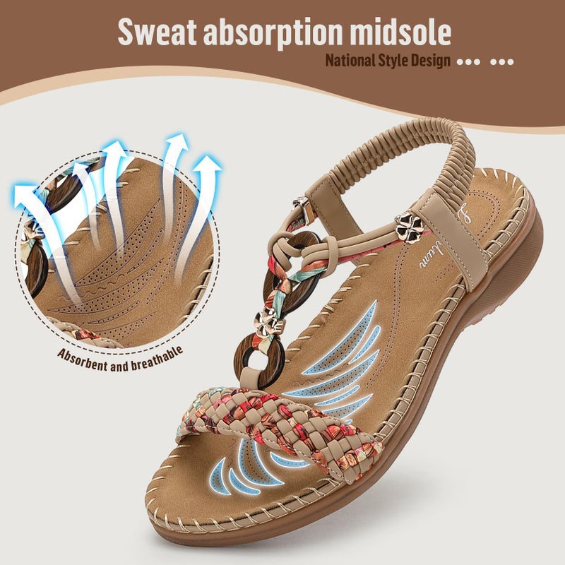 Littleplum Women Sandals Arch Support Handmade Bohemian Braided Flat Sandals Comfort Walking Beach Ankle Elastic Summer Shoes Multi Apricot Size 8.5 - Image 5