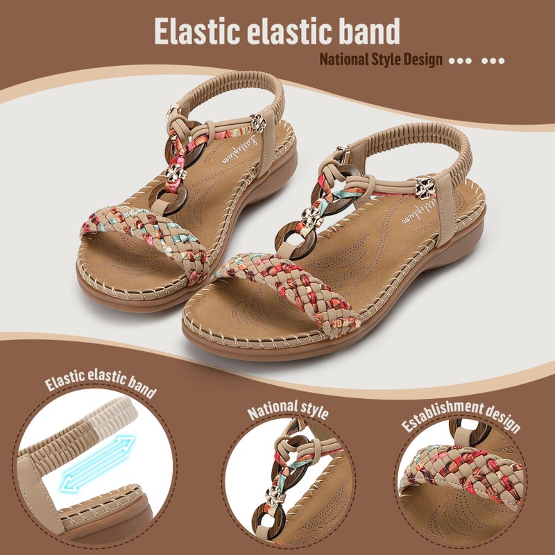 Littleplum Women Sandals Arch Support Handmade Bohemian Braided Flat Sandals Comfort Walking Beach Ankle Elastic Summer Shoes Multi Apricot Size 8.5 - Image 4