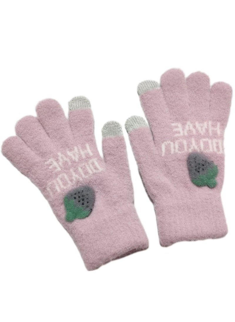 Generic - Women girly strawberry mobile screen touch fingers winter wool gloves - Image 1