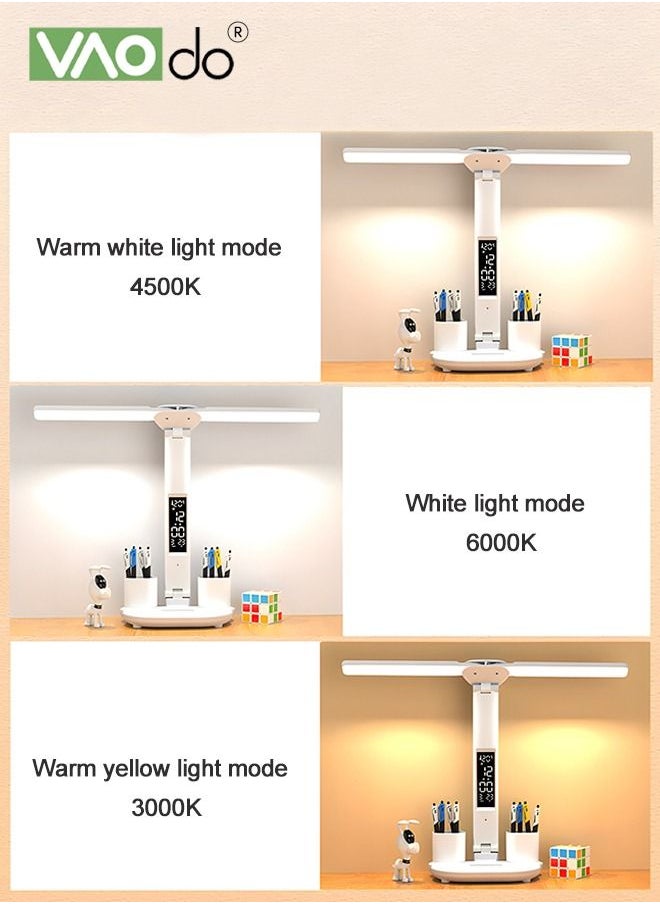 VAOdo - LED Double-headed Desk Lamp 3-color Dimmable With Smart Led Display Temperature And Time Display Desk Lamp With Pen Holder And Mobile Phone Storage Function - Image 1