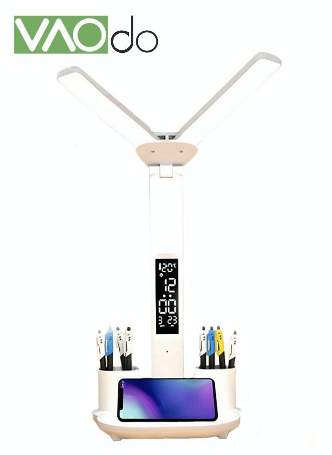 VAOdo - LED Double-headed Desk Lamp 3-color Dimmable With Smart Led Display Temperature And Time Display Desk Lamp With Pen Holder And Mobile Phone Storage Function - Image 1