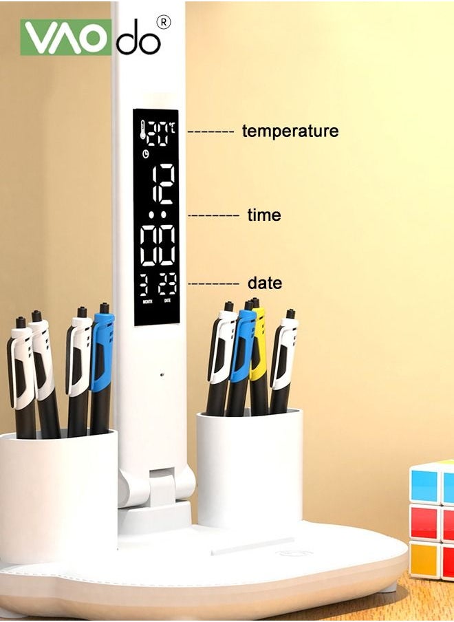 VAOdo - LED Double-headed Desk Lamp 3-color Dimmable With Smart Led Display Temperature And Time Display Desk Lamp With Pen Holder And Mobile Phone Storage Function - Image 1