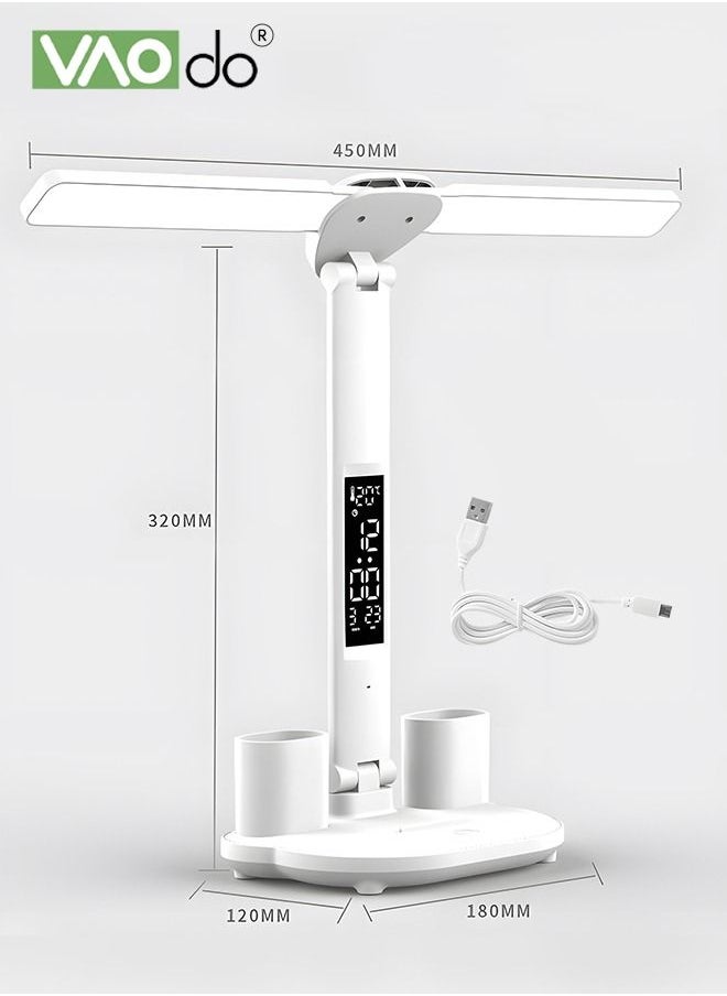 VAOdo - LED Double-headed Desk Lamp 3-color Dimmable With Smart Led Display Temperature And Time Display Desk Lamp With Pen Holder And Mobile Phone Storage Function - Image 1