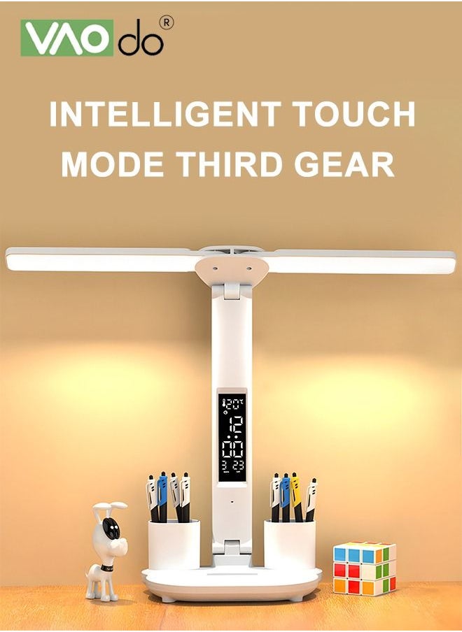 VAOdo - LED Double-headed Desk Lamp 3-color Dimmable With Smart Led Display Temperature And Time Display Desk Lamp With Pen Holder And Mobile Phone Storage Function - Image 1