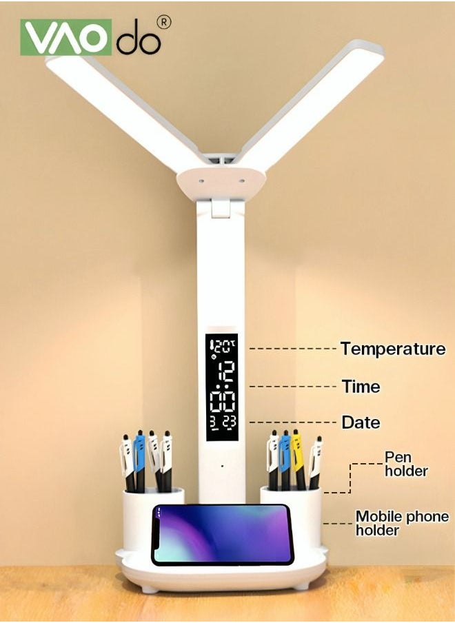 VAOdo - LED Double-headed Desk Lamp 3-color Dimmable With Smart Led Display Temperature And Time Display Desk Lamp With Pen Holder And Mobile Phone Storage Function - Image 1