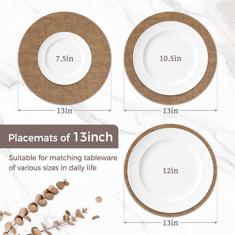 NCUE 13" Round Placemats Set of 4, Reversible Faux Leather Heat Resistant Table Mats, Waterproof Oilproof Wipeable Table Protective Placemats for Vinyl, Washable for Indoor & Outdoor Use (4, Light Brown) - Image 2