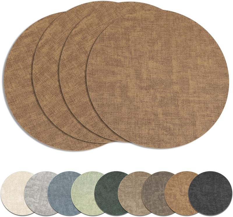 NCUE 13" Round Placemats Set of 4, Reversible Faux Leather Heat Resistant Table Mats, Waterproof Oilproof Wipeable Table Protective Placemats for Vinyl, Washable for Indoor & Outdoor Use (4, Light Brown) - Image 1