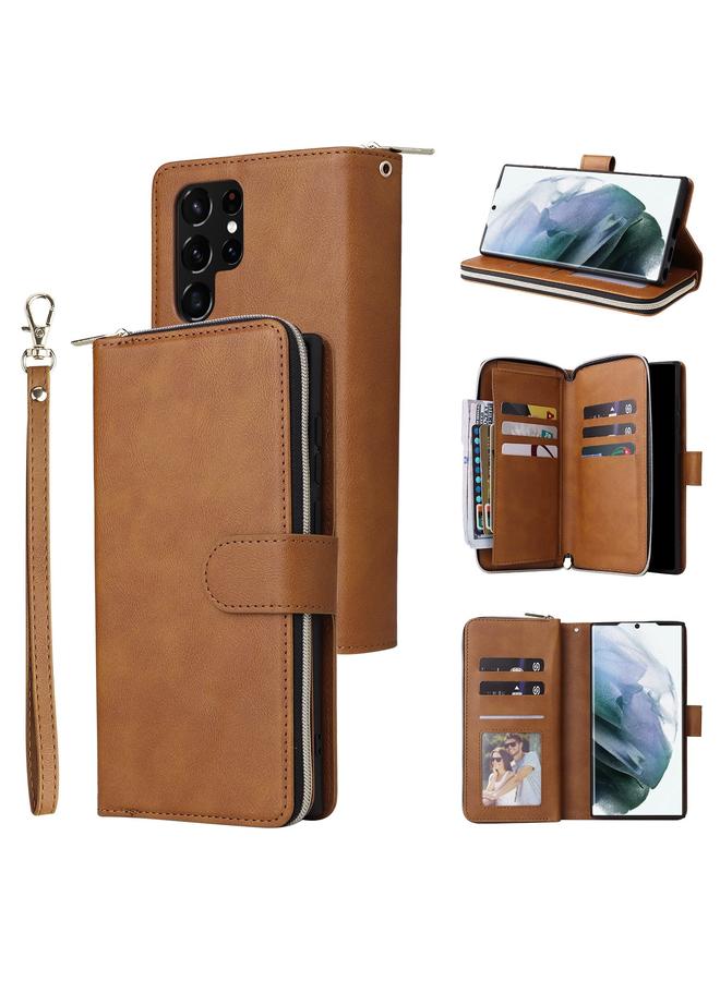 S-TOP Case For Samsung Galaxy S22 Ultra 5G 9 Card Slots Zipper Wallet Bag Leather Phone Case - Image 1